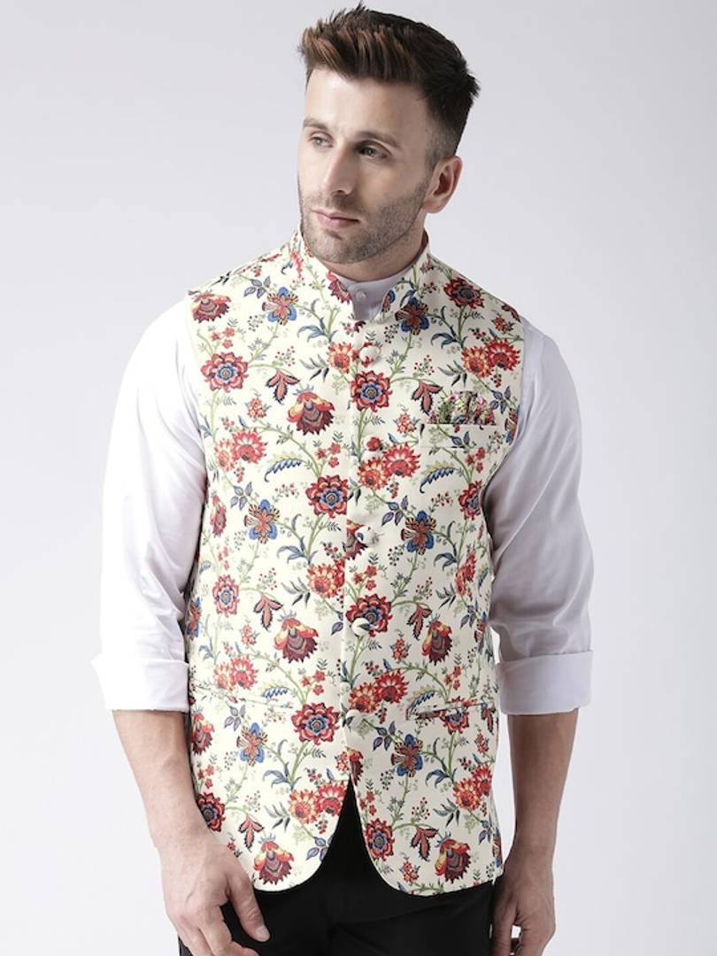 Men's Off White Viscose
 Printed Nehru Jackets